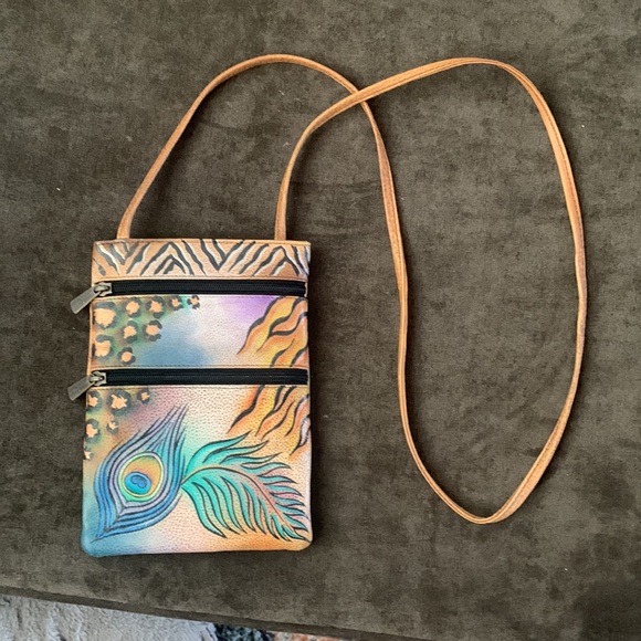 Soft leather, hand painted double zip crossbody travel purse